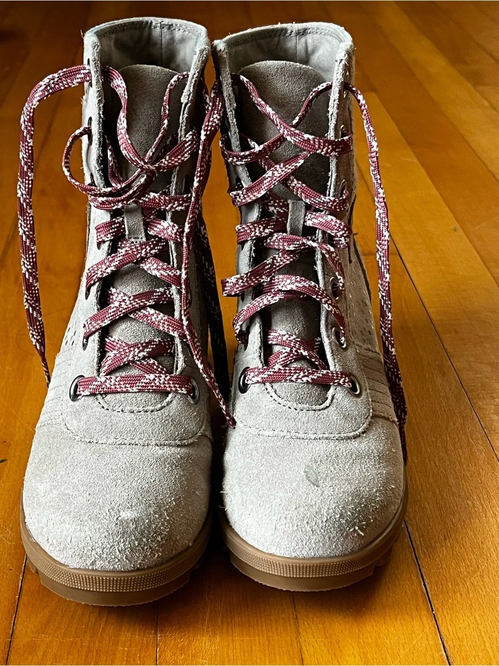Sorel Taupe Suede Lace-Up Combat Boot with Maroon Laces